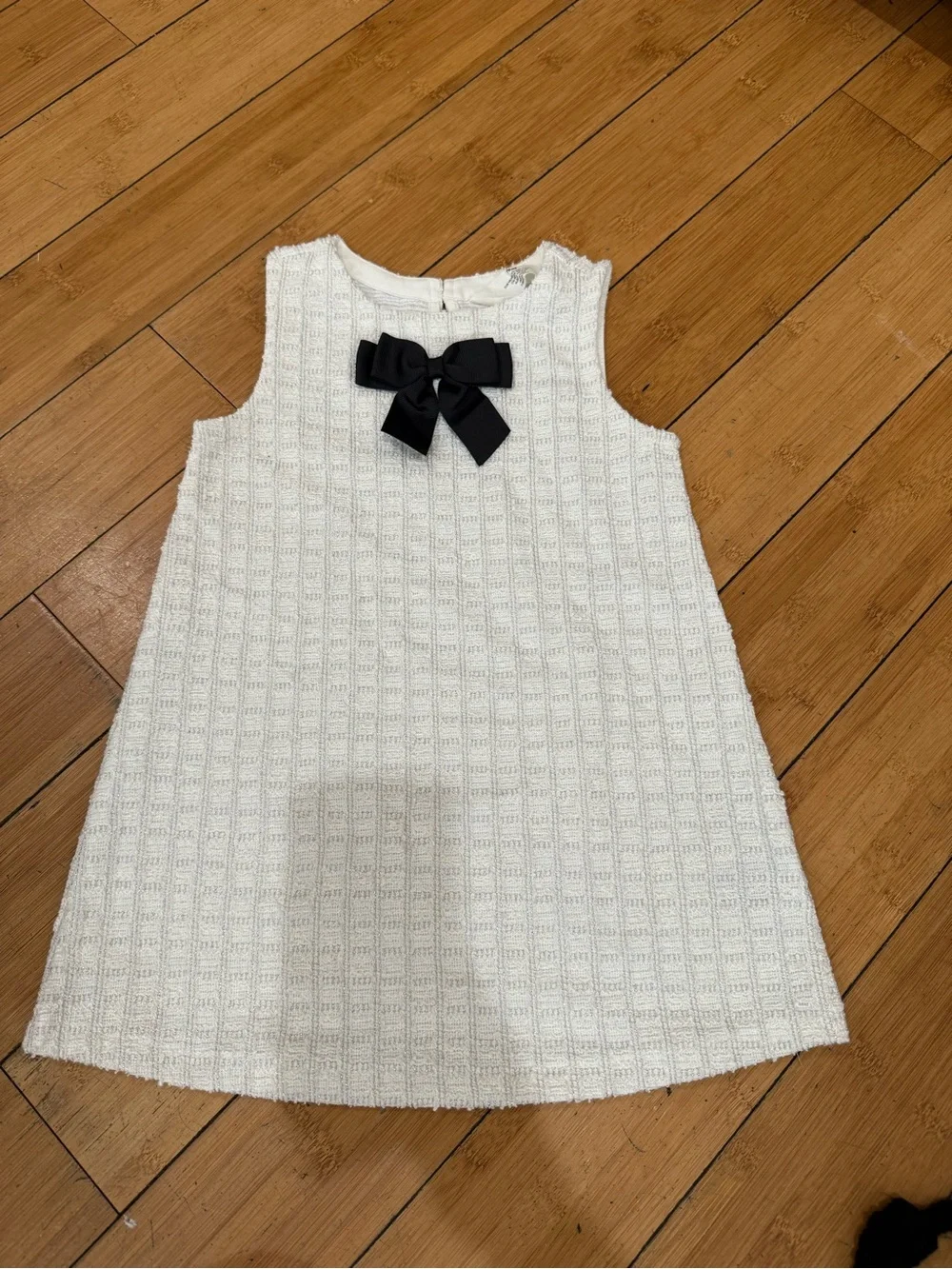 Girls White Bouclé-Jersey A-Line Dress with Black Bow